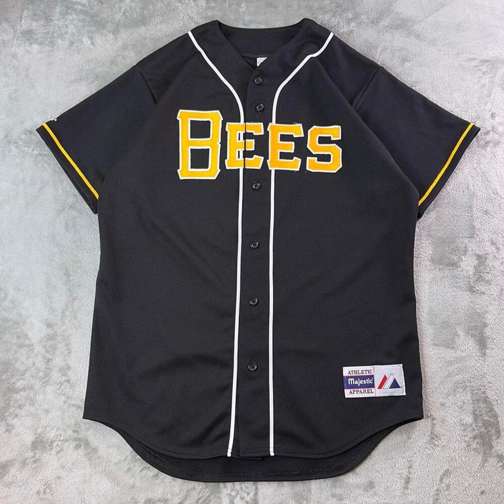 Vintage Majestic Bees Baseball Jersey Men’s Medium Black Yellow Button Front